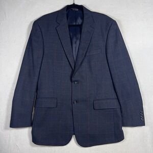 Jos A Bank Traveler Collection Blazer 42R Navy Windowpane 100% Wool Tailored